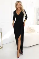 404-13 Elegant long dress with a wrap neckline and slit - black
