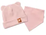 Baby Nellys Žebrovaná dvouvrstvá čepice s oušky + šátek, pudrová, 80/86