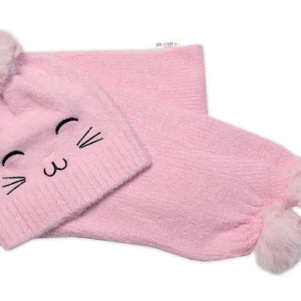 Baby Nellys Zimní čepice s bambulí + šál, Kitty, růžová vel.  54/58
