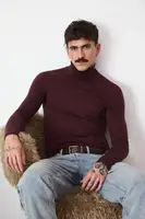 Svetr z merino vlny Medicine pánský, hnědá barva, s golfem