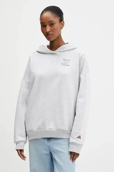 Mikina adidas dámská, šedá barva, s kapucí, s potiskem, KT0882