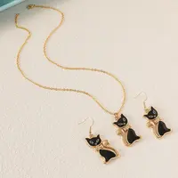 Cat Shape Zinc Alloy Enamel Pendant Necklaces & Dangle Earrings Sets