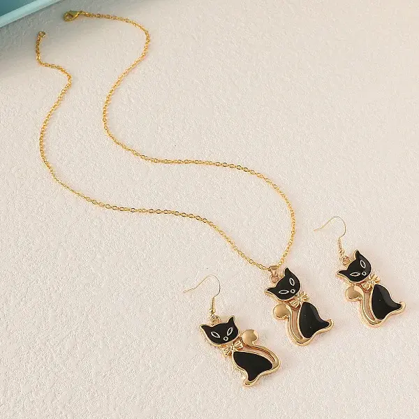 Cat Shape Zinc Alloy Enamel Pendant Necklaces & Dangle Earrings Sets