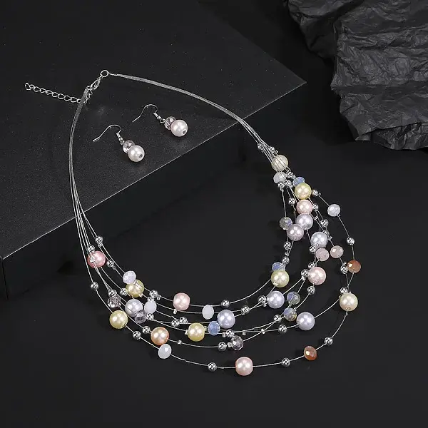 Alloy & Plastic Pearl Round Beaded Multilayer Necklace & Dangle Earring Sets
