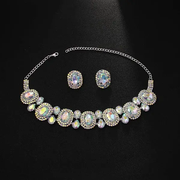 Oval Alloy Glass Pendant Necklaces & Stud Earrings Sets