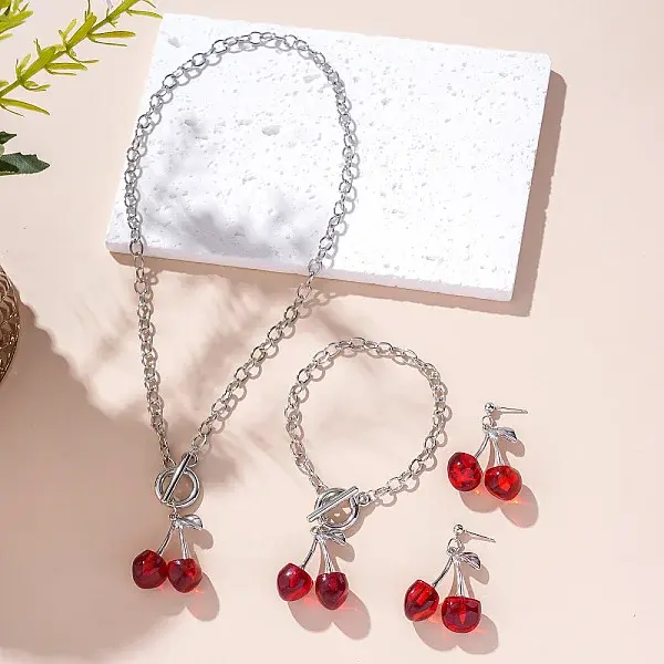 Cherry Zinc Alloy & CCB Plastic & 304 Stainless Steel & Iron Pendant Necklaces & Charm Bracelets & Stud Dangle Earrings Sets