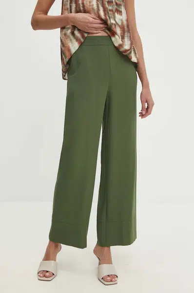 Kalhoty s lněnou směsí Answear.LAB zelená barva, jednoduché, high waist