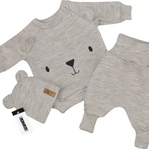 Kazum Pletená kojenecká sada 3D Medvídek, svetřík, tepláčky + čepička, béžová, vel. 74 vel.  74