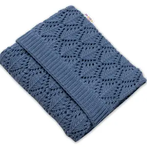 Baby Nellys Luxusní bavlněná háčkovaná deka, dečka. ažurková LOVE, 75x95cm - jeans