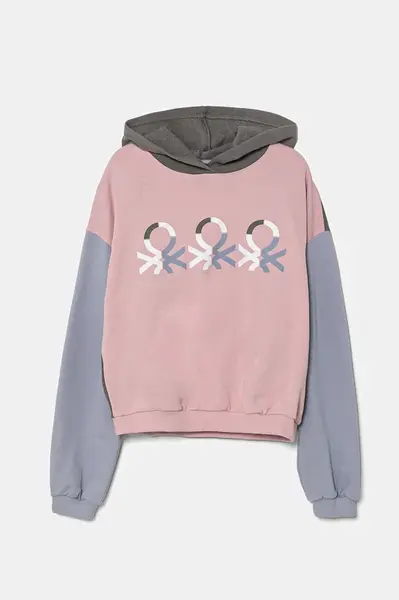 Dětská bavlněná mikina United Colors of Benetton růžová barva, s kapucí, s potiskem, 3J68C204D