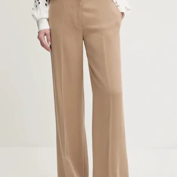 Kalhoty HUGO dámské, béžová barva, široké, high waist, 50540807