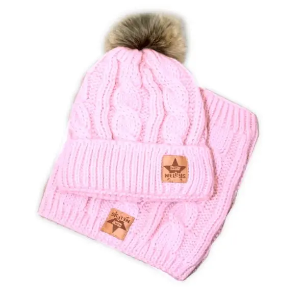 BABY NELLYS Zimná pletená čiapka s brmbolcom + komín, svetlo ružová - veľ. 104/116