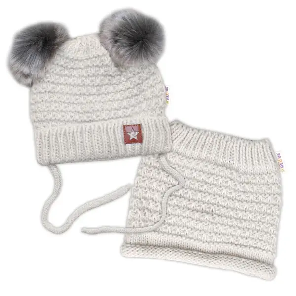 Zimná pletená čiapka Star s fleecom a chlpáčkové brmbolce + komínček 2D sada, béžový melír