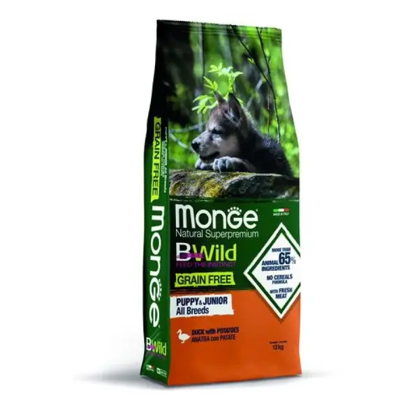 MONGE BWild Grain Free Puppy & Junior 12kg bezobilninové kompletné krmivo pre šteňatá s kačacím mäsom a zemiakmi
