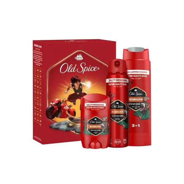 Xmass set Old Spice Bearglove Anime s tuhým dezodorantom 50ml, dezodorantom v spreji 150ml a sprchovým gélom 250ml
