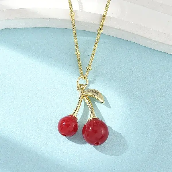Brass Resin Fruit Cherry Pendant Satellite Chain Necklaces for Women