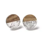 Resin & Walnut Wood Flat Round Stud Earrings with 304 Stainless Steel Pin for Women