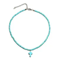 Western Style Synthetic Turquoise Round Beaded Cross Pendant Necklaces for Navajo Men and Women