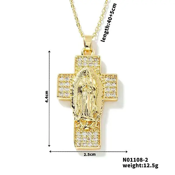 European and American Brass Pave Cubic Zirconis Virgin Mary Cross Pendant Necklaces