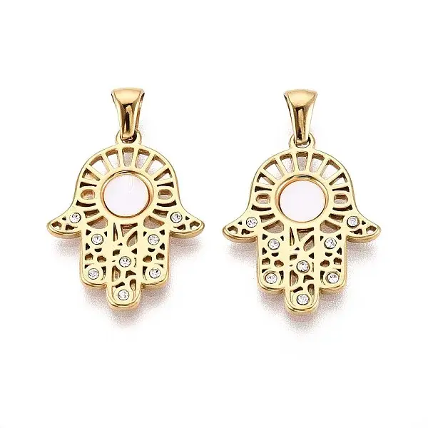 304 Stainless Steel Crystal Rhinestone and Shell Hamsa Hand Pendants
