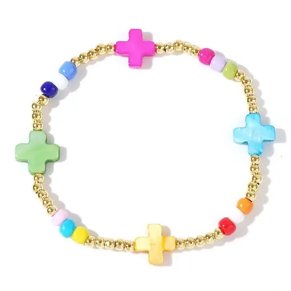 Beach Vacation Style Cross Shell Pearl & Brass Stretch Beaded Bracelets for Women