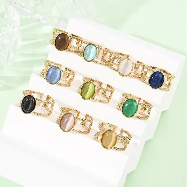 304 Stainless Steel with Glass Cat Eye Cuff Rings for Women