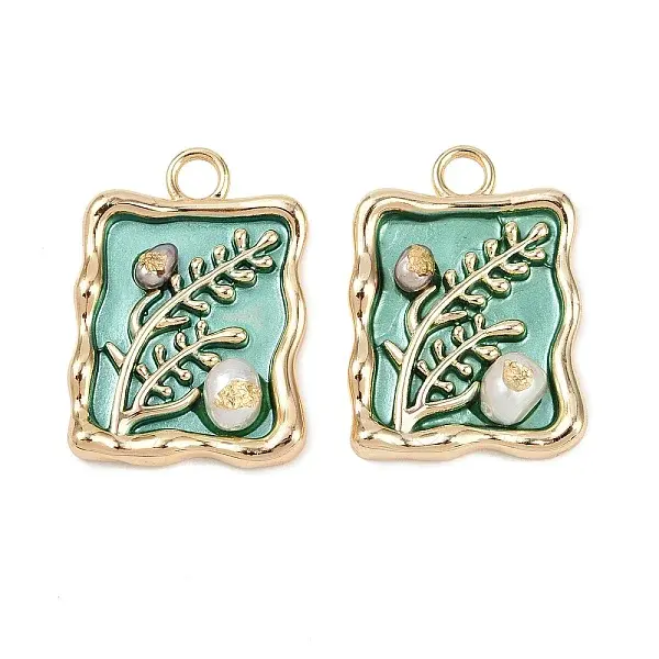 Brass Enamel & Natural Pearl Rectangle with Flower Pendants