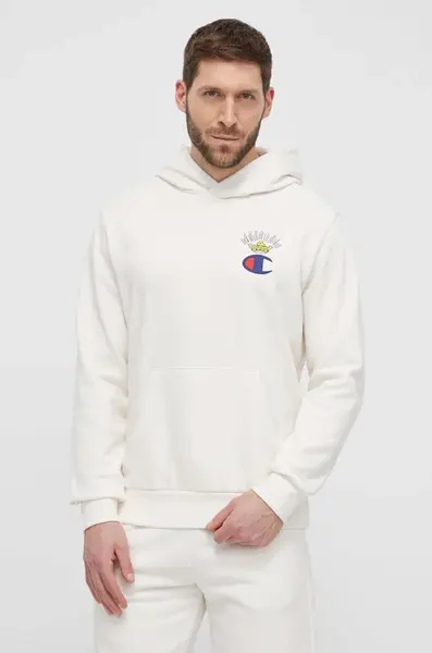 Mikina Champion pánská, béžová barva, s kapucí, s potiskem, 219785