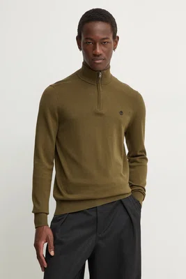 Bavlněný svetr Timberland zelená barva, lehký, s pologolfem, TB0A2BMX3021