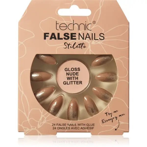 Technic Cosmetics False Nails Stiletto umelé nechty Gloss Nude with Glitter 24 ks