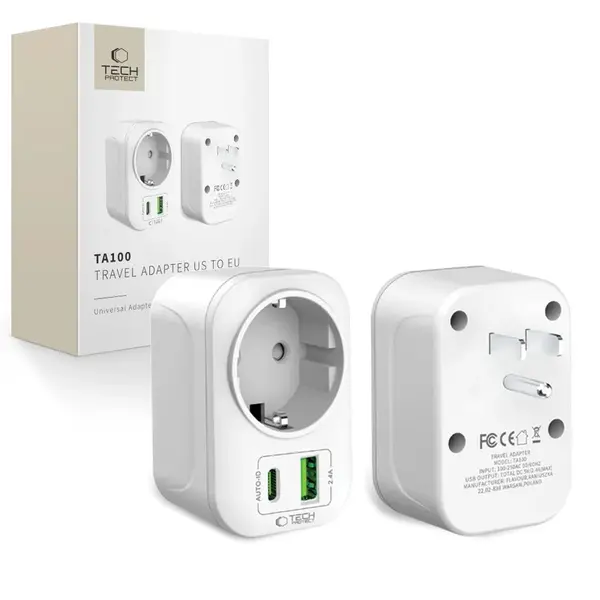 Tech-Protect TA100 cestovný adaptér US / EU, biely