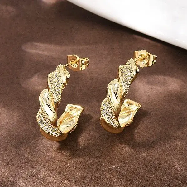 Brass Micro Pave Clear Cubic Zirconia Twist Stud Earrings
