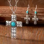Cross Alloy & Synthetic Turquoise Pendant Necklaces & Dangle Earrings Sets