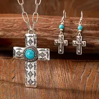 Cross Alloy & Synthetic Turquoise Pendant Necklaces & Dangle Earrings Sets