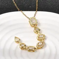 Brass Pave Cubic Zirconia Geometirc Pendant Rectangle Y Tassel 201 Stainless Steel Chain Necklaces