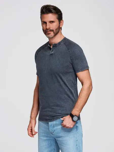 Ombre Men's t-shirt with wash effect and buttons at neckline - navy blue