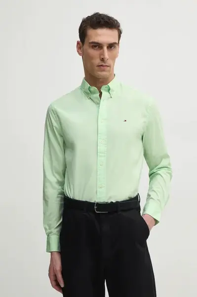 Bavlněná košile Tommy Hilfiger zelená barva, regular, s límečkem button-down, MW0MW37550