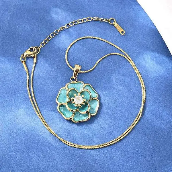 304 Stainless Steel Pave Clear Cubic Zirconia with Enamel Flower Pendant Necklaces