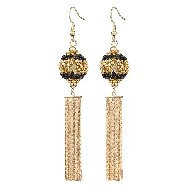 Glass Seed Beads & Brass Tassel Dangle Earrings