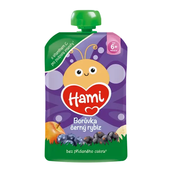 HAMI Příkrm kapsička Jablko, banán, černý rybíz a borůvky 100 g