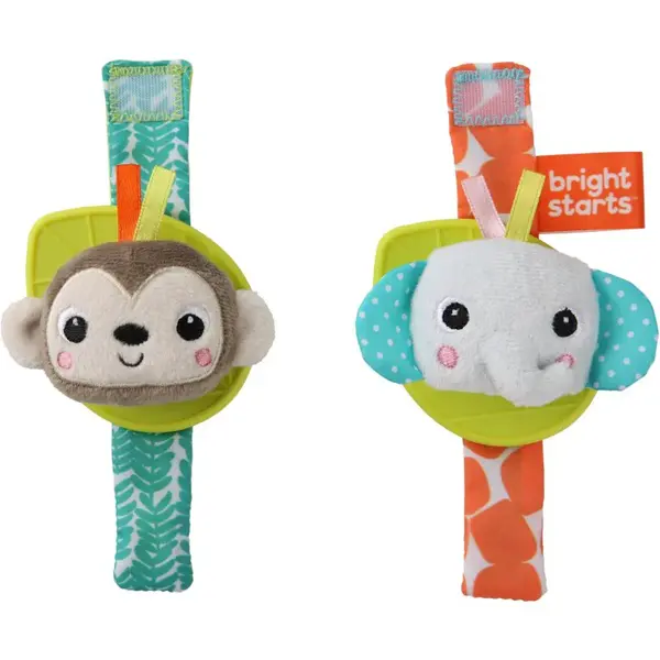 Bright Starts Wrist Pals Toy chrastítko na ruku s kousátkem Monkey & Elephant 0 m+ 2 ks