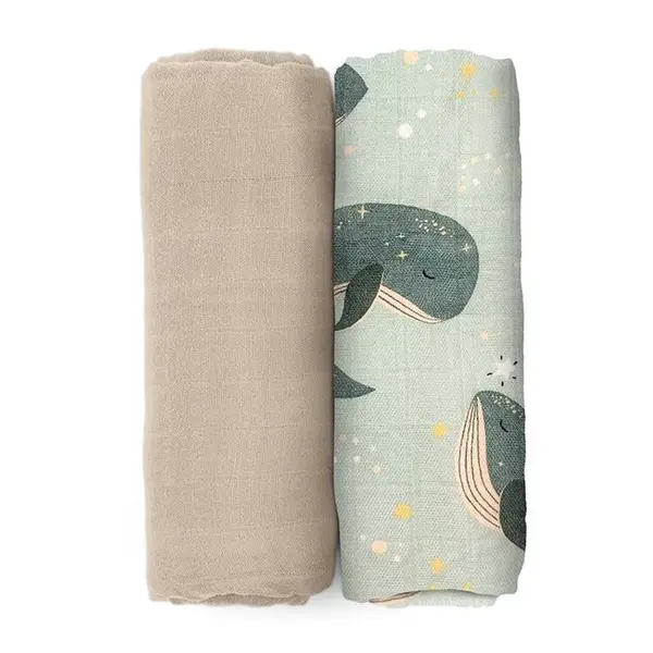 PETITE&MARS Přikrývka bambusová mušelínová 2ks Misty Whale Song 120 x 120 cm