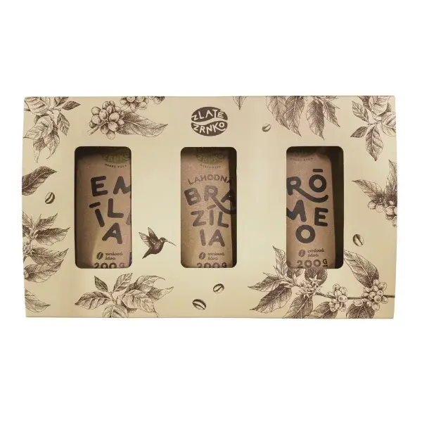 Darčeková krabička s kávou Zlaté Zrnko - Emília, Brazília, Rómeo 3x200g