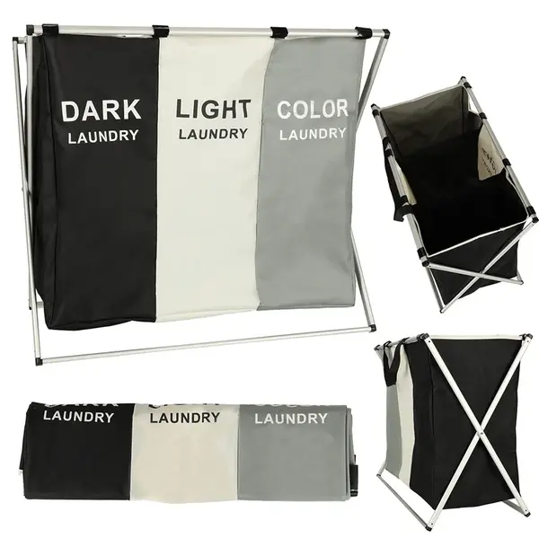 Kôš na prádlo s 3 komorami – 135 l, skladací stojan, triedenie biele/čierne/farebné