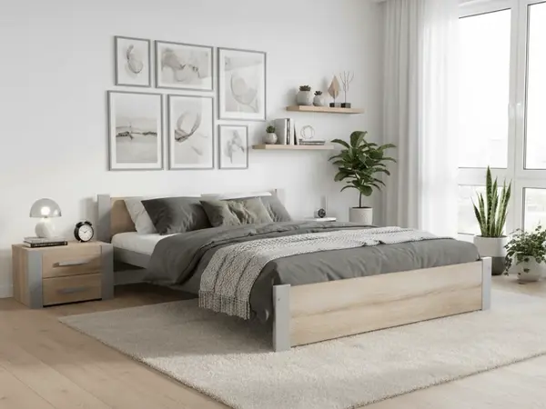 Posteľ IKAROS 180 x 200 cm, dub sonoma/sivá Rošt: S lamelovým roštom, Matrac: Matrac DELUXE 10 cm