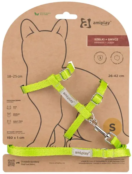 Amiplay Kšíry pro kočku s vodítkem Samba Neonově zelené - S