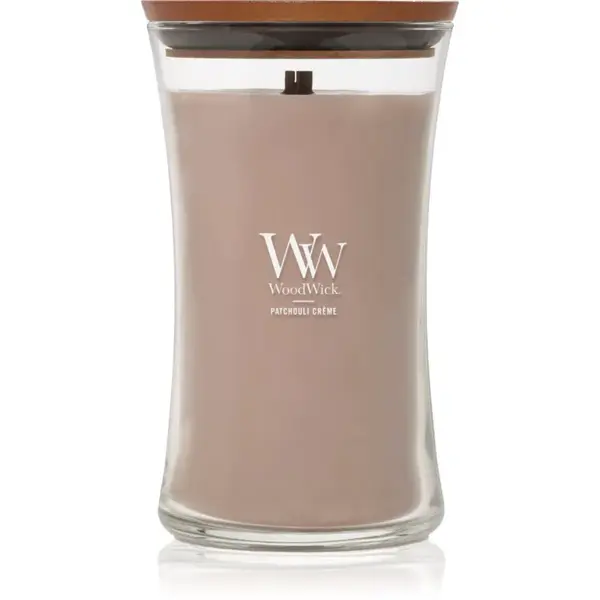 Woodwick Opulent Wood Patchouli Creme vonná svíčka s dřevěným knotem 609.5 g