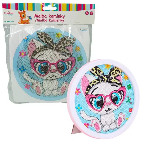 Diamantové malování s rámem - Kreslené bílé koťátko 17 cm