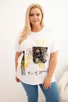 Kesi Włoski Dámská bavlněná halenka Plus Size s ozdobným květinovým potiskem bílá + žlutá