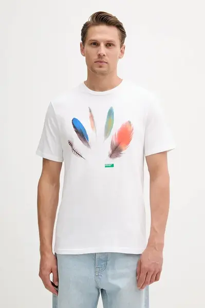 Bavlněné tričko United Colors of Benetton pánské, bílá barva, s potiskem, 3BL0U10AG